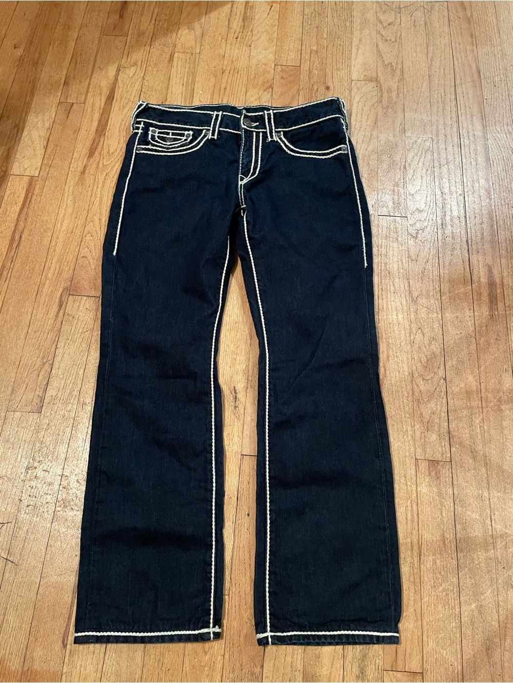True Religion Men’s Straight Jeans in Dark Blue with White Contrast Stitching